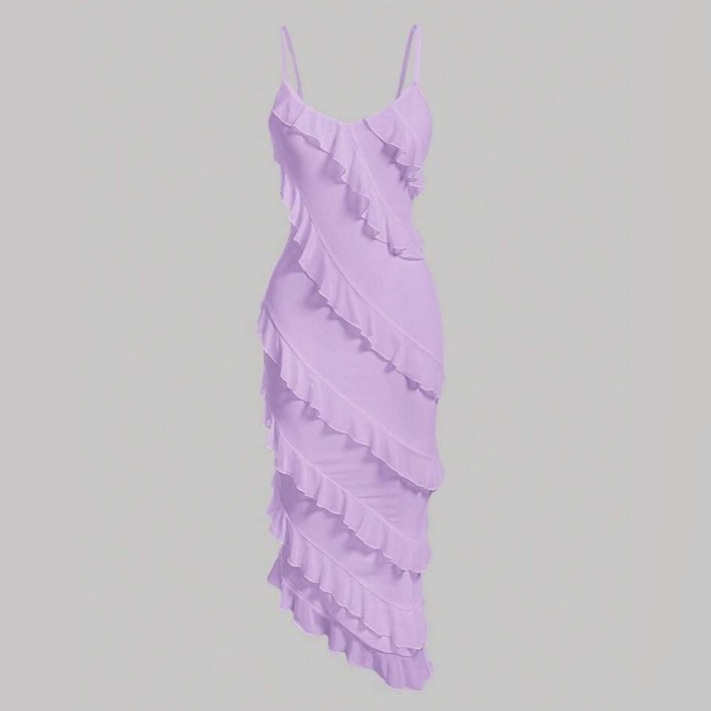Lavender asymmetrical hem ruffle midi dress